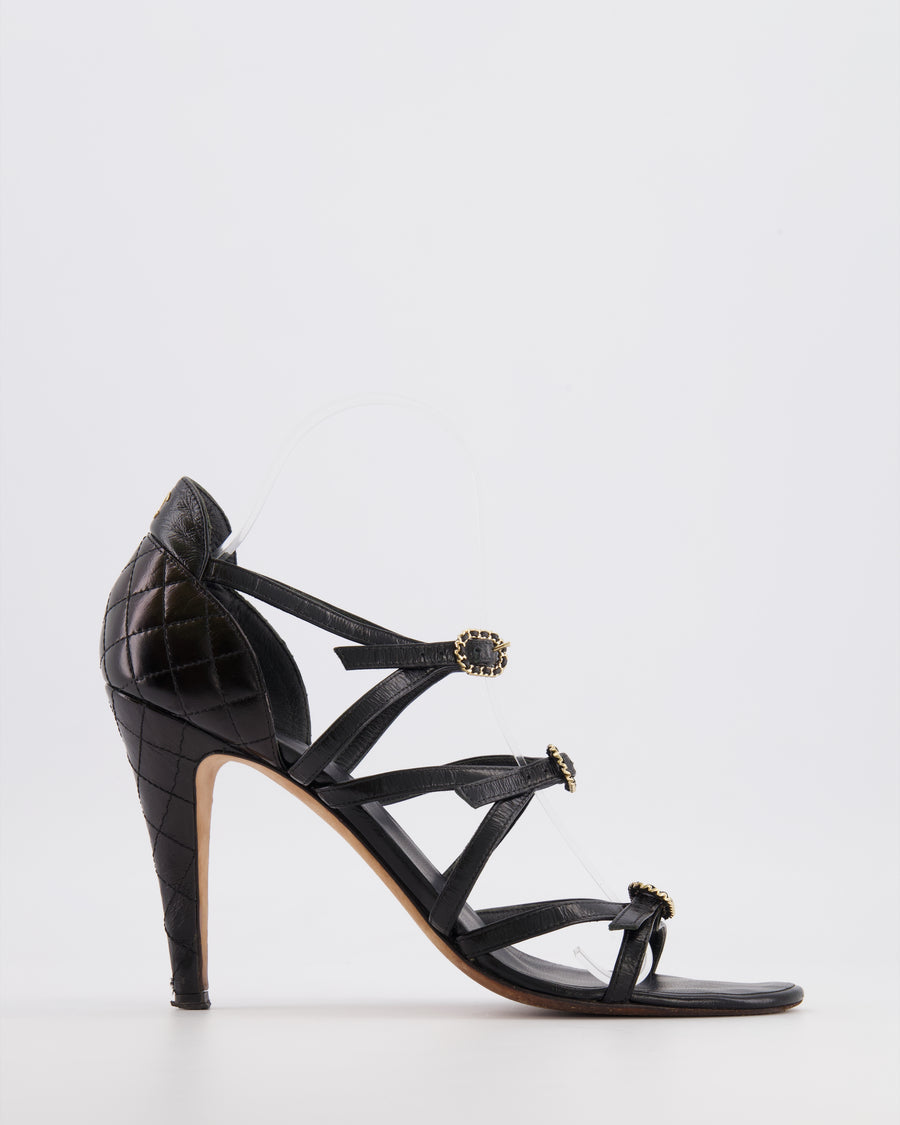 Chanel Black Quilted Leather Strappy Heeled Sandals with Gold Chain Buckles and Gold CC Logo Detail Size 40.5C