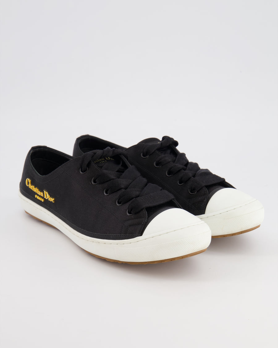 Christian Dior Black Satin Lucky Trainers with Gold Logo Detail Size EU 40.5