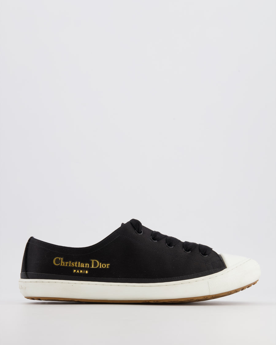 Christian Dior Black Satin Lucky Trainers with Gold Logo Detail Size EU 40.5