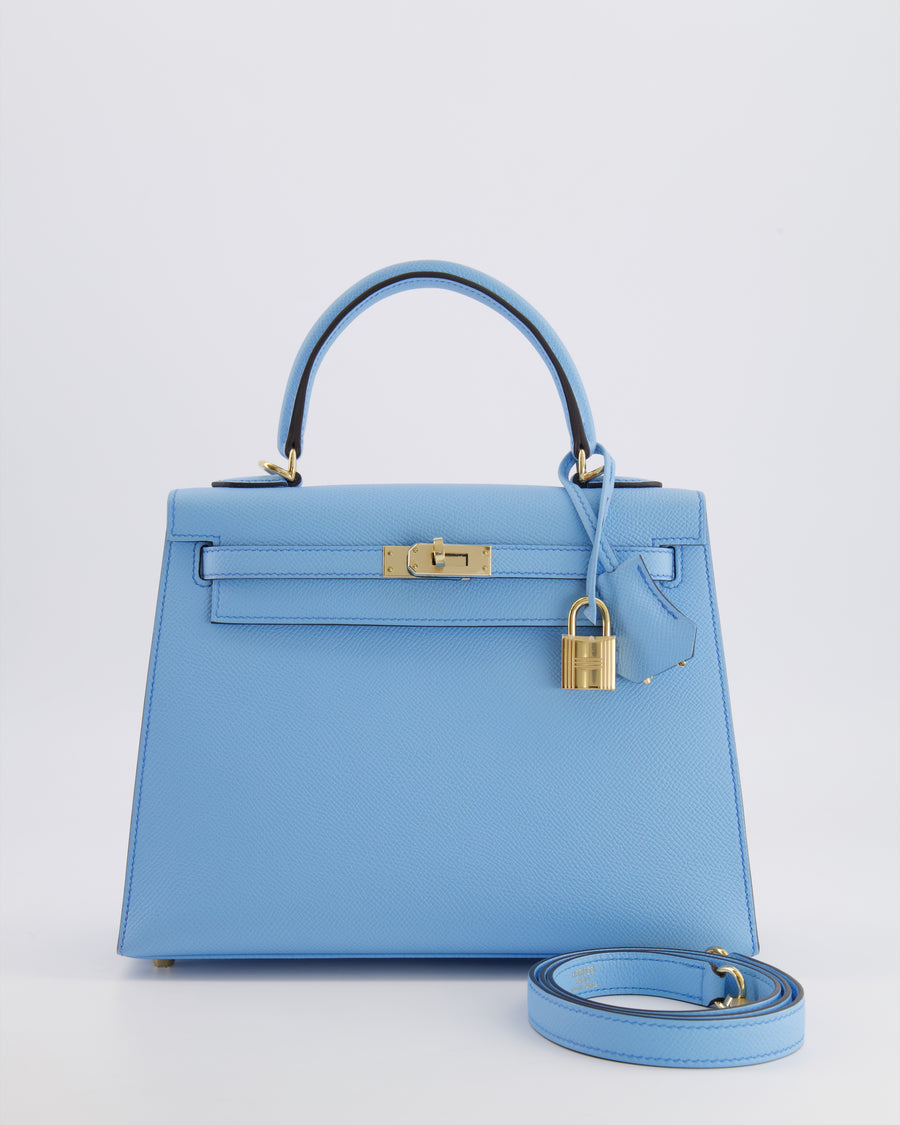 *VERY RARE* Hermès HSS Kelly 25 Sellier Bag in Bleu Celeste Epsom Leather with Bleu Jean Contrast Stitching and Permabrass Hardware&nbsp;