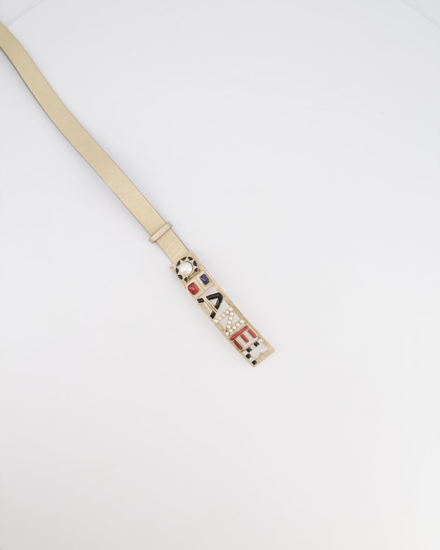 Chanel Metallic Silver Leather Belt with Multi-Coloured Rhinestone Embellished Logo Buckle 75cm