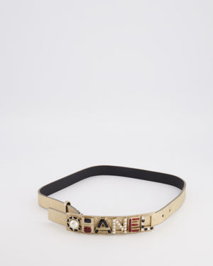 Chanel Metallic Silver Leather Belt with Multi-Coloured Rhinestone Embellished Logo Buckle 75cm