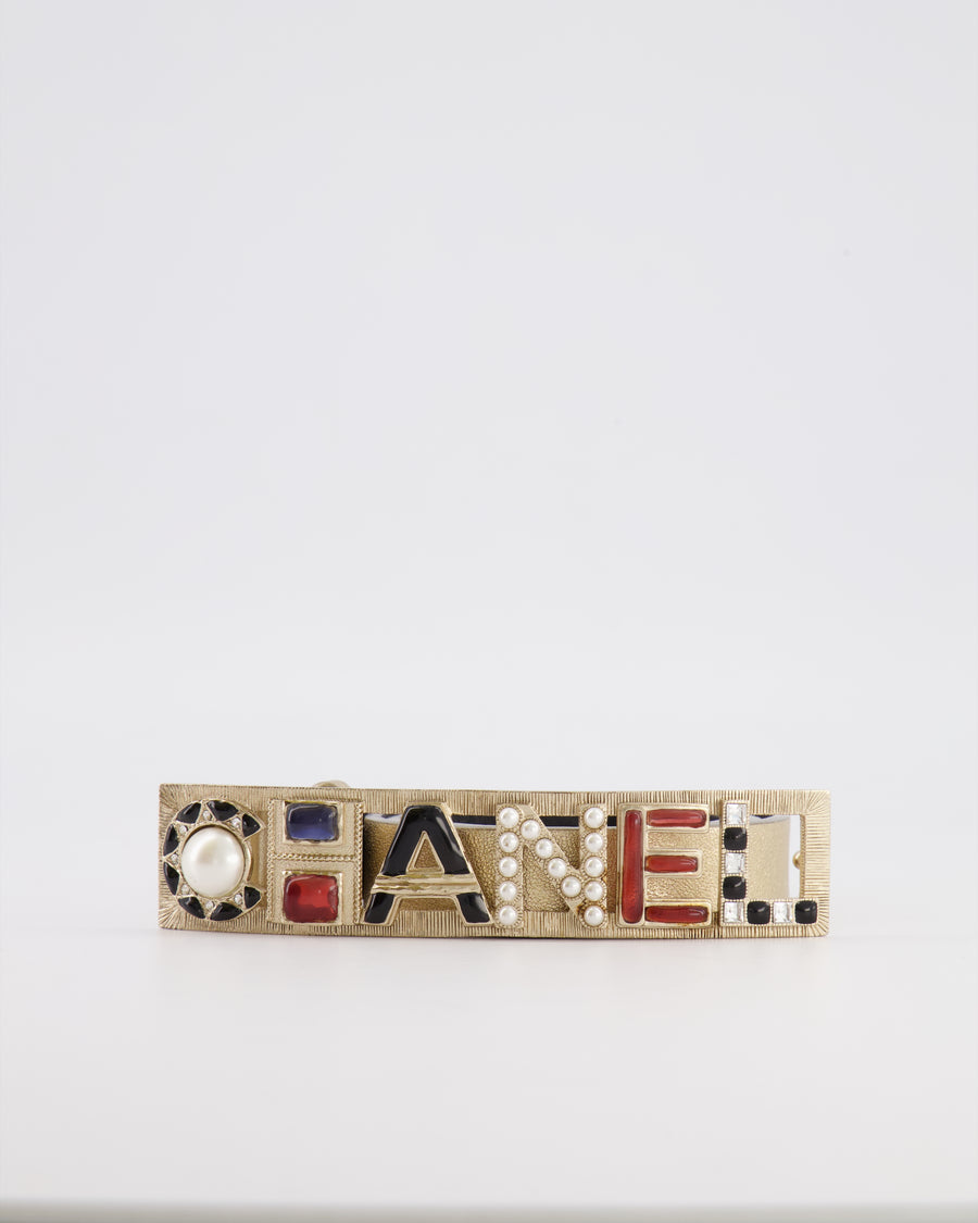 Chanel Metallic Silver Leather Belt with Multi-Coloured Rhinestone Embellished Logo Buckle 75cm