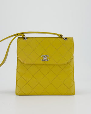 Chanel Vintage Acid Green Kelly Flap Top Handle Shoulder Bag in Caviar Leather with Silver Hardware