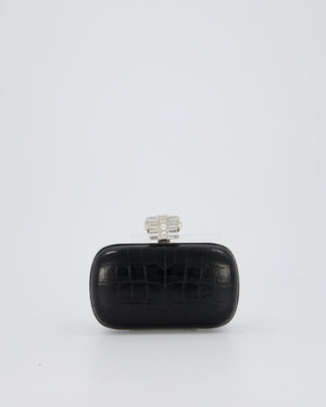 Yves Saint Laurent Black Crocodile Leather Clutch Bag with Silver Hardware and Crystal Clasp Detail