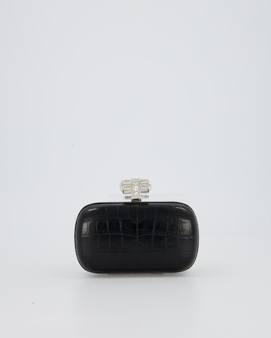 Yves Saint Laurent Black Crocodile Leather Clutch Bag with Silver Hardware and Crystal Clasp Detail