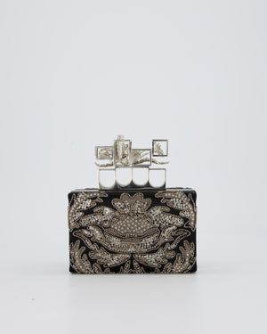Alexander McQueen Black Satin Embellished Box Clutch Bag with Silver Hardware