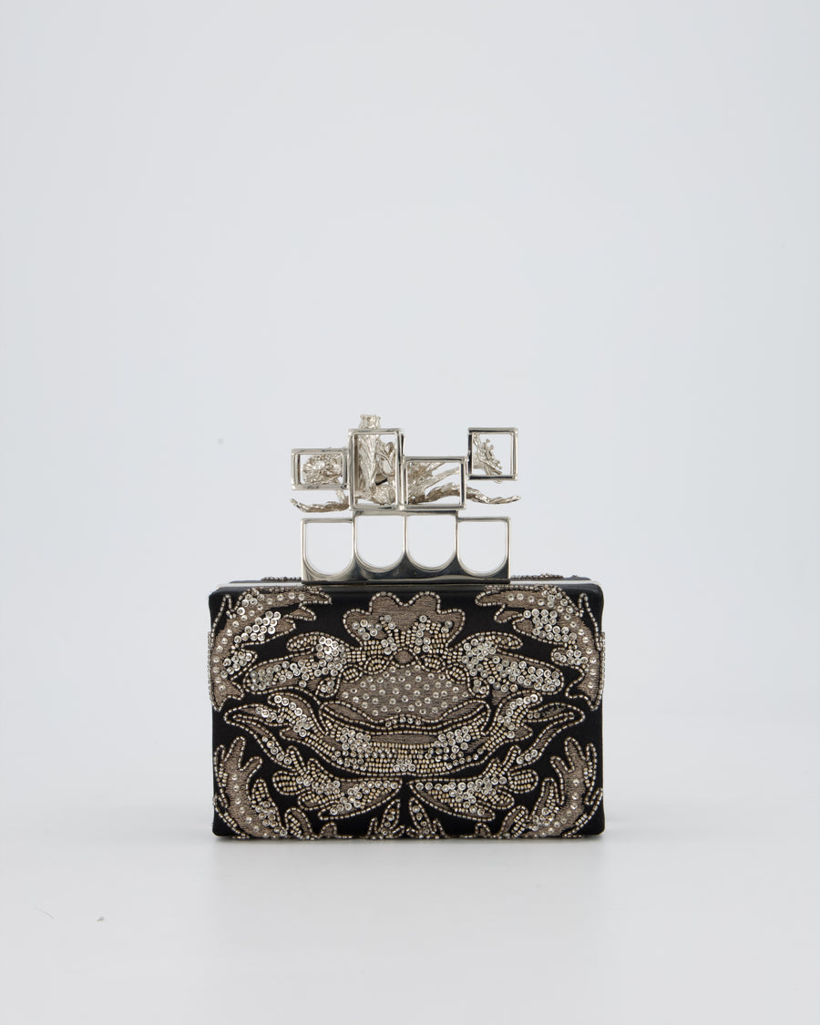 Alexander McQueen Black Satin Embellished Box Clutch Bag with Silver Hardware
