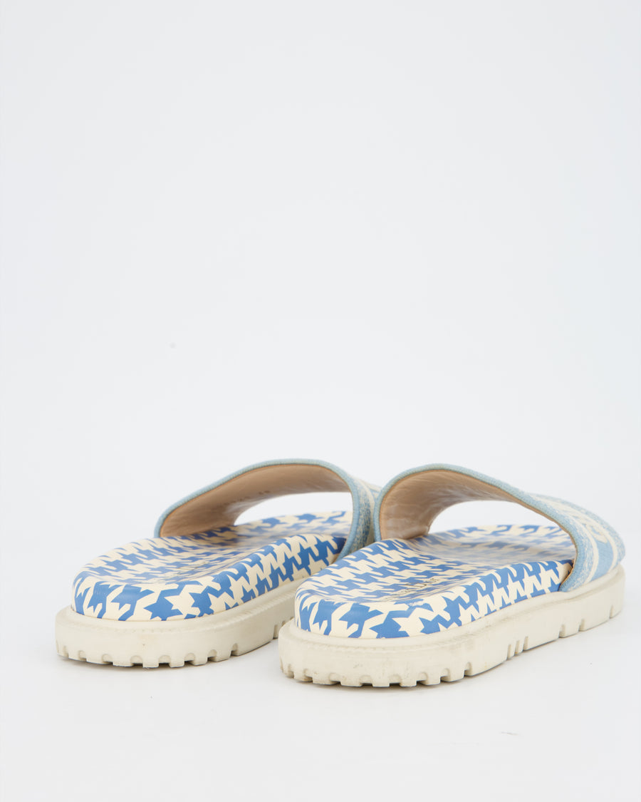 Christian Dior Blue and White Day Slides with Canvas Embroidered Detail EU 38