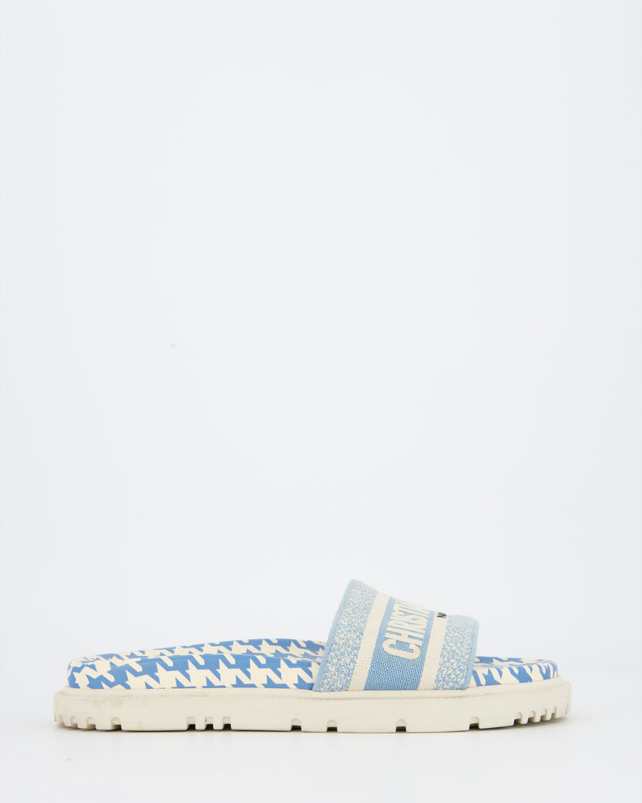 Christian Dior Blue and White Day Slides with Canvas Embroidered Detail EU 38