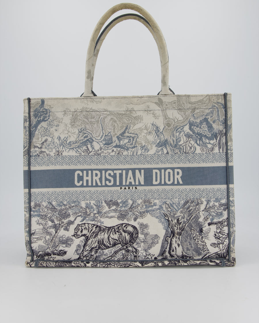 Christian Dior Blue and Grey Toile de Jouy Animals Large Book Tote with Animal Embroideries and Logo