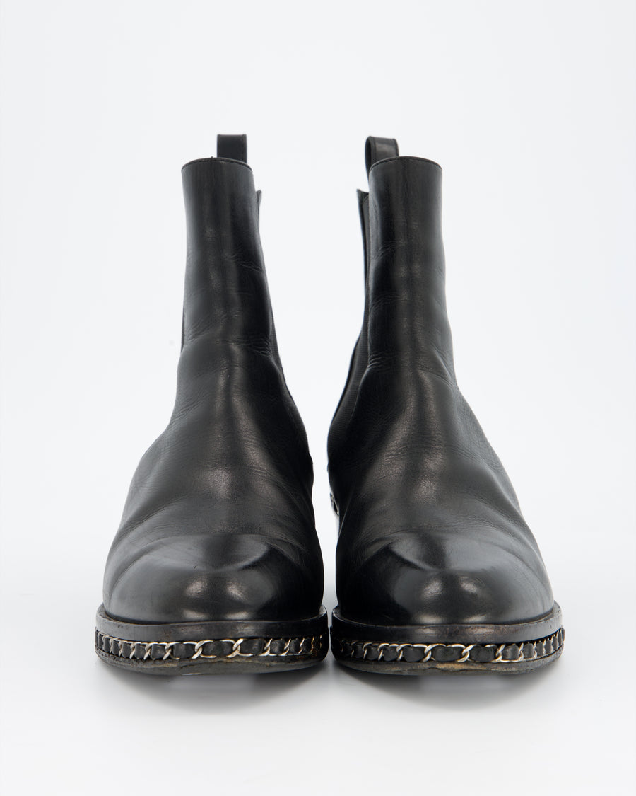 Chanel Black Chelsea Boot with Chain Trim Detail Size EU 41.5C
