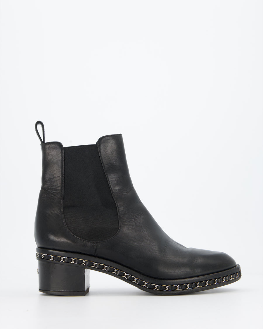 Chanel Black Chelsea Boot with Chain Trim Detail Size EU 41.5C