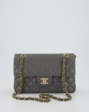*HOT* Chanel Grey Small Classic Double Flap Bag in Lambskin Leather with Champagne Gold Hardware