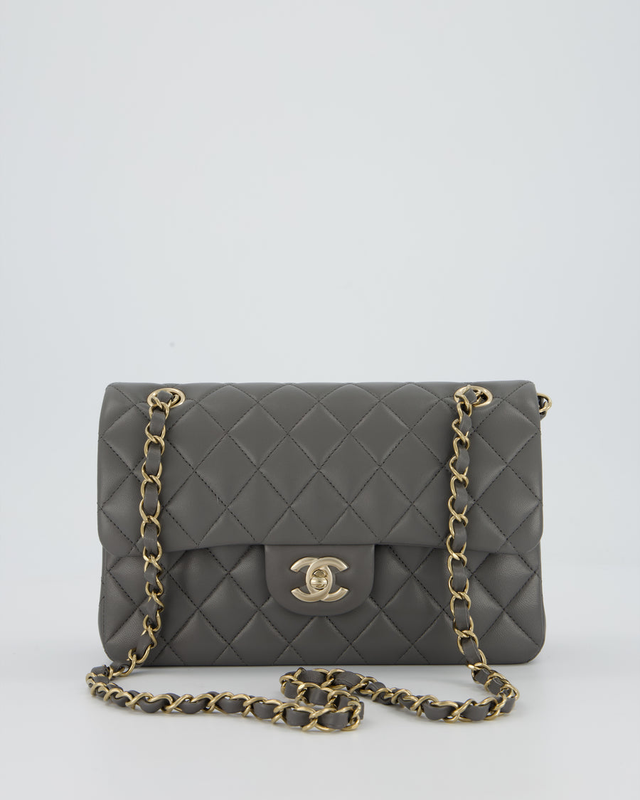 *HOT* Chanel Grey Small Classic Double Flap Bag in Lambskin Leather with Champagne Gold Hardware