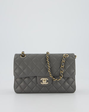 *HOT* Chanel Grey Small Classic Double Flap Bag in Lambskin Leather with Champagne Gold Hardware