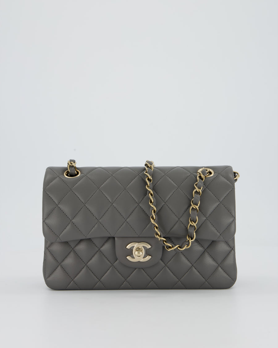 *HOT* Chanel Grey Small Classic Double Flap Bag in Lambskin Leather with Champagne Gold Hardware