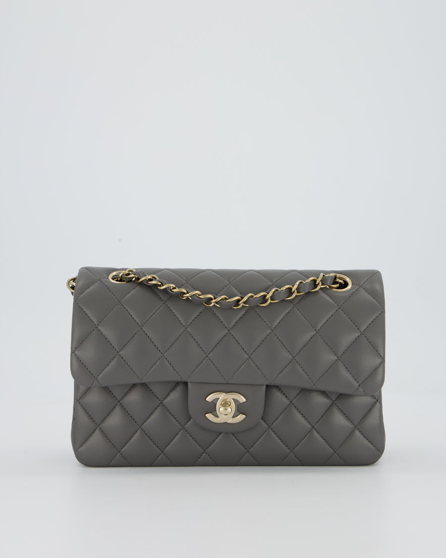 *HOT* Chanel Grey Small Classic Double Flap Bag in Lambskin Leather with Champagne Gold Hardware