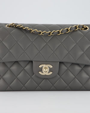 *HOT* Chanel Grey Small Classic Double Flap Bag in Lambskin Leather with Champagne Gold Hardware