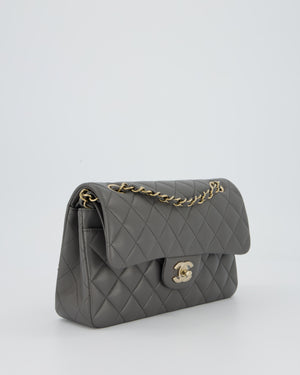 *HOT* Chanel Grey Small Classic Double Flap Bag in Lambskin Leather with Champagne Gold Hardware