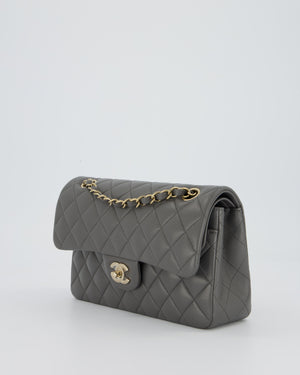 *HOT* Chanel Grey Small Classic Double Flap Bag in Lambskin Leather with Champagne Gold Hardware