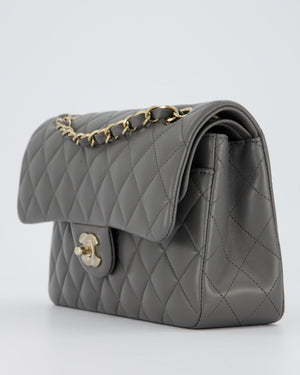 *HOT* Chanel Grey Small Classic Double Flap Bag in Lambskin Leather with Champagne Gold Hardware
