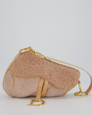 Christian Dior Medium Saddle Bag in Pink Shearling and Ostrich Leather with Gold Hardware and Beige Trim