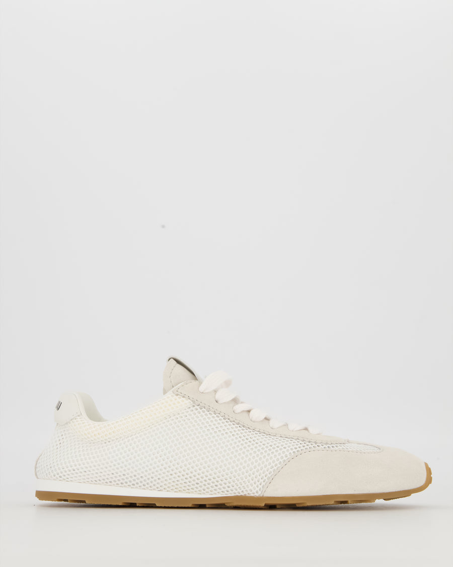 Miu Miu Beige and White Mesh Suede Plume Trainers with Gum Soles Size EU 40