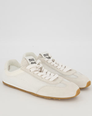 Miu Miu Beige and White Mesh Suede Plume Trainers with Gum Soles Size EU 40
