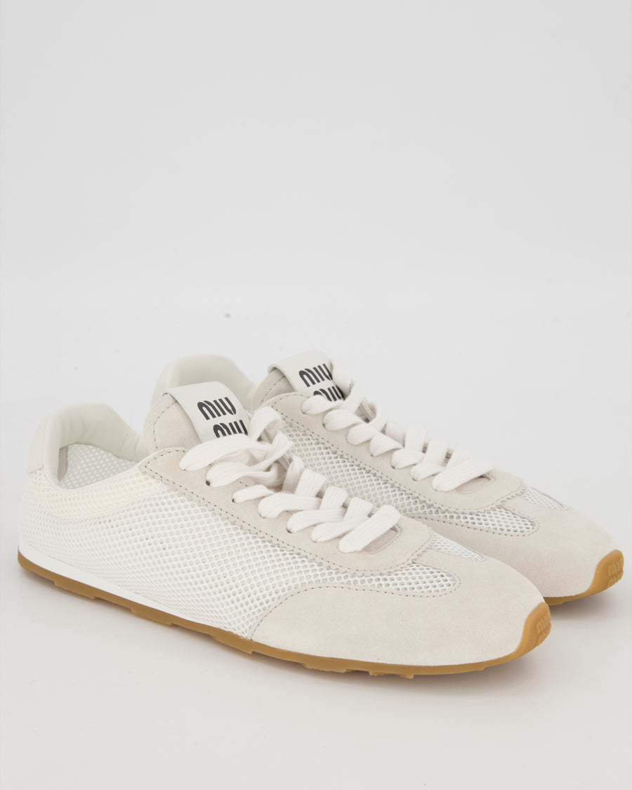 Miu Miu Beige and White Mesh Suede Plume Trainers with Gum Soles Size EU 40
