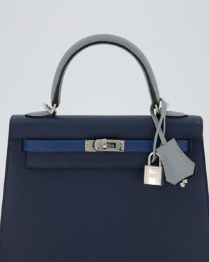 *HOT* Hermès Kelly 25 Sellier Tricolour Bag in Bleu Abysse, Bleu Tie and Gris Pantin Epsom Leather with Palladium Hardware