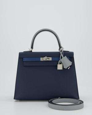 *HOT* Hermès Kelly 25 Sellier Tricolour Bag in Bleu Abysse, Bleu Tie and Gris Pantin Epsom Leather with Palladium Hardware