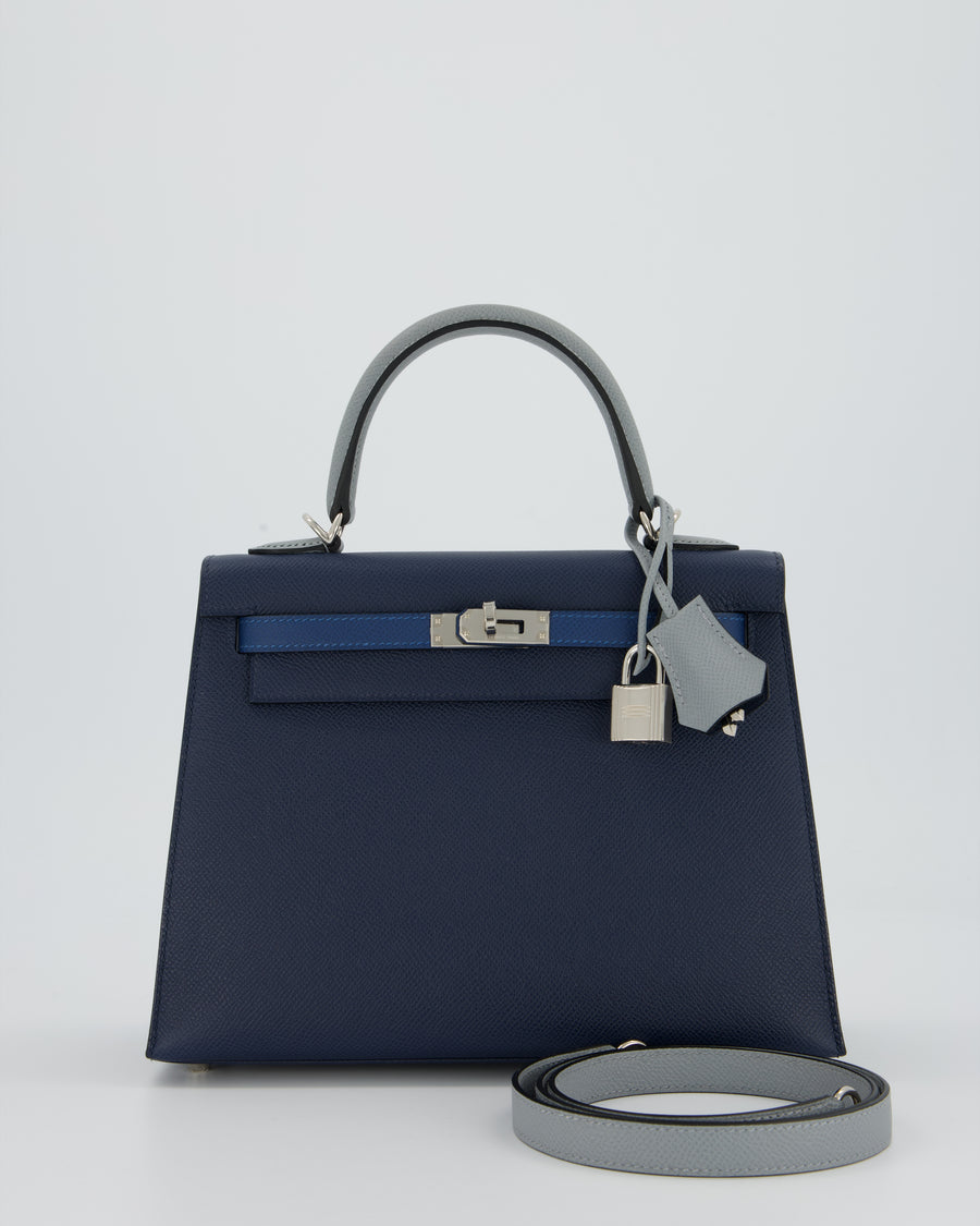 *HOT* Hermès Kelly 25 Sellier Tricolour Bag in Bleu Abysse, Bleu Tie and Gris Pantin Epsom Leather with Palladium Hardware