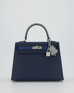 *HOT* Hermès Kelly 25 Sellier Tricolour Bag in Bleu Abysse, Bleu Tie and Gris Pantin Epsom Leather with Palladium Hardware