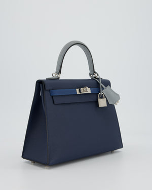*HOT* Hermès Kelly 25 Sellier Tricolour Bag in Bleu Abysse, Bleu Tie and Gris Pantin Epsom Leather with Palladium Hardware