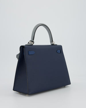 *HOT* Hermès Kelly 25 Sellier Tricolour Bag in Bleu Abysse, Bleu Tie and Gris Pantin Epsom Leather with Palladium Hardware