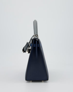 *HOT* Hermès Kelly 25 Sellier Tricolour Bag in Bleu Abysse, Bleu Tie and Gris Pantin Epsom Leather with Palladium Hardware