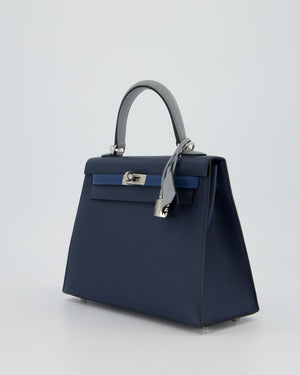 *HOT* Hermès Kelly 25 Sellier Tricolour Bag in Bleu Abysse, Bleu Tie and Gris Pantin Epsom Leather with Palladium Hardware