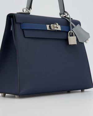 *HOT* Hermès Kelly 25 Sellier Tricolour Bag in Bleu Abysse, Bleu Tie and Gris Pantin Epsom Leather with Palladium Hardware