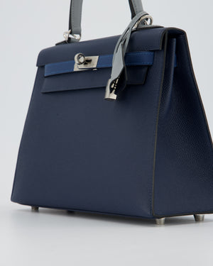 *HOT* Hermès Kelly 25 Sellier Tricolour Bag in Bleu Abysse, Bleu Tie and Gris Pantin Epsom Leather with Palladium Hardware
