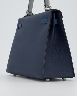 *HOT* Hermès Kelly 25 Sellier Tricolour Bag in Bleu Abysse, Bleu Tie and Gris Pantin Epsom Leather with Palladium Hardware