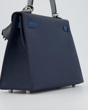 *HOT* Hermès Kelly 25 Sellier Tricolour Bag in Bleu Abysse, Bleu Tie and Gris Pantin Epsom Leather with Palladium Hardware