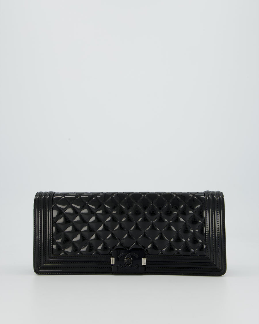 *RARE* Chanel Black East West Boy Chocolate Bar Bag In Patent With Black/ Silver Hardware