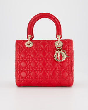 Christian Dior Medium Lady Dior Bag in Red Lambskin Leather With Champagne Gold Hardware