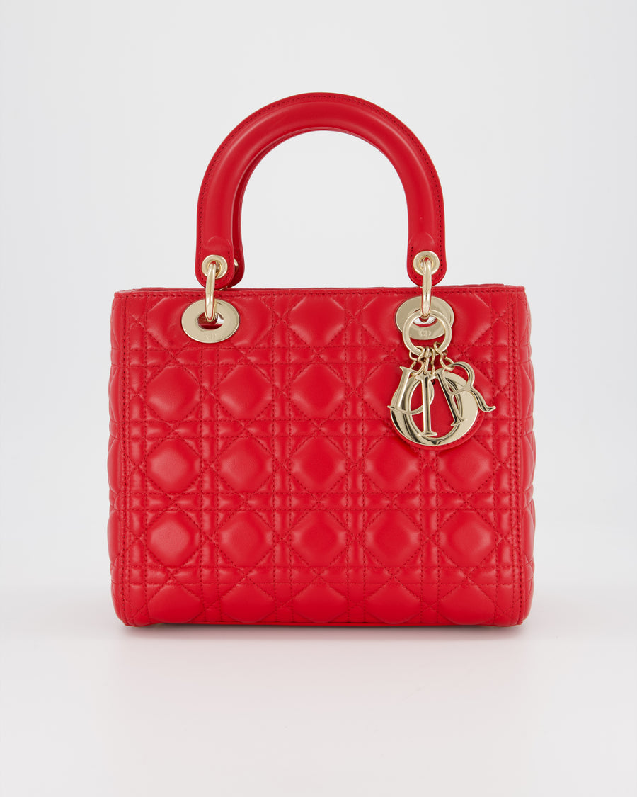Christian Dior Medium Lady Dior Bag in Red Lambskin Leather With Champagne Gold Hardware