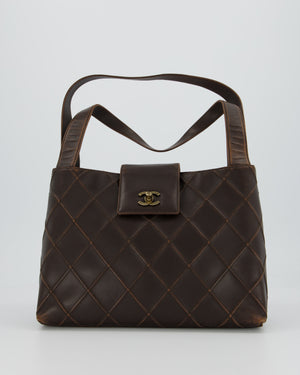 Chanel Vintage Kelly Brown Quilted Lambskin Leather Wild Stitch Flap Bag in Gold Hardware