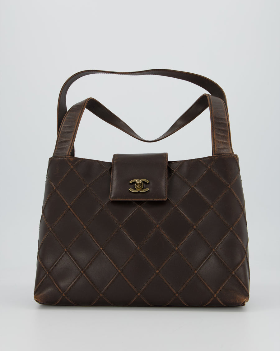 Chanel Vintage Kelly Brown Quilted Lambskin Leather Wild Stitch Flap Bag in Gold Hardware
