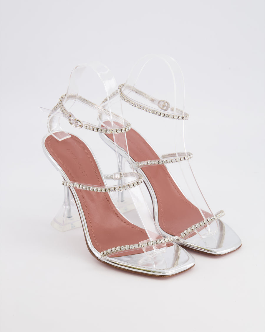 Amina Muaddi Metallic Silver Gilda Heeled Sandals with Crystal Embellishment Size EU 37.5 RRP £910