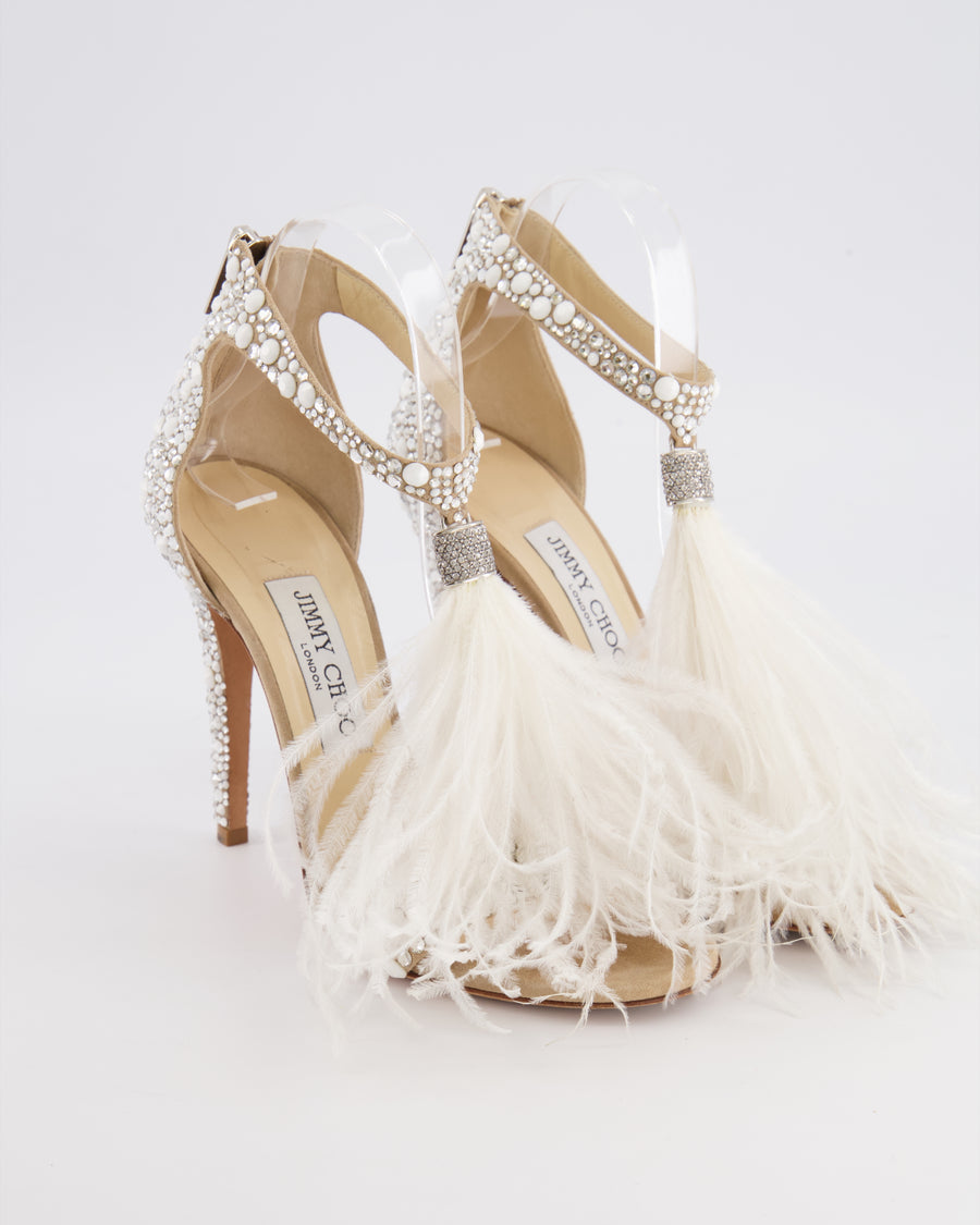Jimmy Choo Viola 110 White Feather and Crystal-Embellished Heeled Sandals Size EU 37.5 RRP £1,450