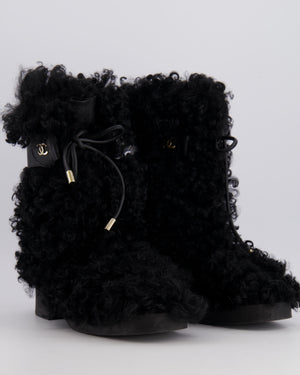 Chanel Black Curly Shearling Calf-High Lace Boots with Gold Hardware Logo Detail Size EU 39C